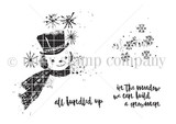 Red rubber stamp set with a vintage top-hat snowman in a plaid scarf, snowflakes, and 'in the meadow we can build a snowman' and 'all bundled up.'