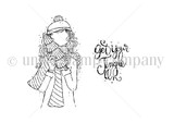 Red rubber stamp image of the bundled winter girl plus the 'get your jingle' script sentiment