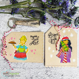 Two kraft gift tags: a baking girl with 'made with love' and the scarf girl with 'get your jingle on'