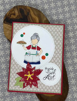 Card with the grandma colored in red and blue on grey polka dots with a stamped poinsettia and 'made with love.'