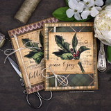 Two kraft holly cards reading 'holly jolly' and 'peace & joy.'