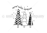 Line-art stamp sheet: patterned Christmas treeline with 'merry merry christmas' itty bitty red rubber stamp, Unity Stamp Co.