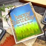 Card with a green forest horizon and 'happy birthday, the man the myth the legend.'