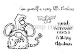 Line-art red rubber stamp of a mouse in a Santa hat holding a candy cane with holly, plus 'Have yourself a merry little Christmas' and 'sweet peppermint kisses & A Merry Christmas.'