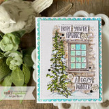 Card with the window and snowy pine in soft naturals, 'Hope you're having a cozy winter.'