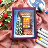 Card with the glowing window and snowy tree framed in plum.