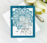 Teal snowflake card with "HOLIDAYS" lettering.
