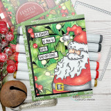 Card using the paper pack: a jolly Santa with 'he knows if you've been bad or good.'