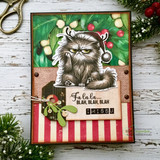 Card using the paper pack: a grumpy cat in holly with 'Fa la la... blah, blah, blah, I miss u.'