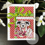 Card using the paper pack: a fluffy dog tangled in ribbon with 'Sorry, I got a little wrapped up.'