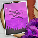 Purple gradient forest card with 'falling in love with life' sentiment.