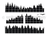 Stamp set of three pine tree-line silhouette rows for layering into forest scenes – Woodland Layers.