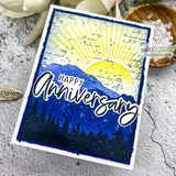 Deep blue night forest card with a rising sun and 'happy Anniversary.'