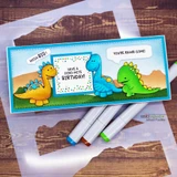 Slimline card sample. Dinosaurs on a green scene, 'have a dino-mite birthday!' and 'you're rawr-some!'