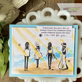 Card with the row of girls colored on a beach scene over blue, 'I am here for you.'