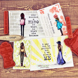 Pair of cards with a single girl, 'she needed a HERO so that is what she became' and 'I may not be perfect but I am always ME.'