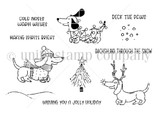 Red rubber stamp sheet: dachshunds in lights, antlers, and hat with five punny Christmas sentiments including 'Deck the paws'