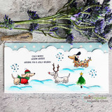 Slimline snow card with dachshunds in antlers and sweaters, 'Cold noses warm wishes' and 'Wishing you a jolly holiday'