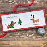 Red pom-pom trimmed slimline with two dachshunds and 'Making spirits bright' plus 'Dachshund through the snow'