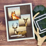 Small framed panels of a fox, a buck and a deer in warm sepia tones on a wood-grain card.