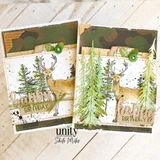 Two coordinating cards pairing the buck with evergreen trees and camo-print papers.