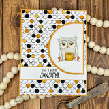 Card of the pop dots background with an owl holding a mug, 'JUST A RAY OF SUNSHINE'.