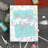 A card project showing a bold Happy Birthday greeting, paired with the greeting "Happy Birthday."
