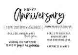 I Did. I Do. I Will. red rubber stamp art by Lisa Arana — seven anniversary sentiments with brush-script Happy Anniversary