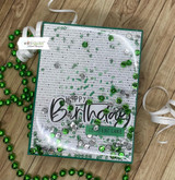 Card with the birthday text background under a shaker and 'Happy Birthday, Let's Eat Cake'