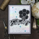 Card with the text background and balloons, 'Happy Birthday'