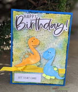 Card with the text background and dinosaurs, 'Happy Birthday, Let's Eat Cake'