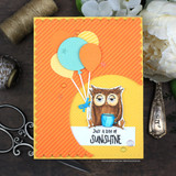 Card with the owl holding balloons on an orange panel: 'Just a ray of sunshine.'