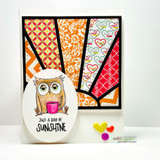 Card with the owl and mug on a stained-glass sunburst: 'Just a ray of sunshine.'