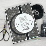 Card with the owl and mug in a dark circle frame: 'Just a ray of sunshine.'