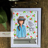 Handmade card featuring the itty bitty planner girl in a cowboy hat and jean jacket, on a cherry-print background, stamped with 'You are a brave & beautiful soul'.