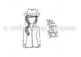A small red rubber itty bitty stamp set of a planner girl in a cowboy hat with the sentiment 'You are a brave & beautiful soul.'