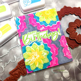 Card of bright neon mandalas with the sample sentiment 'Happy Birthday!'