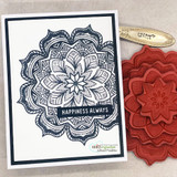 Clean navy mandala card with the sample sentiment 'Happiness Always.'