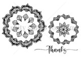 Line-art stamp sheet of two layered mandala medallions with the sentiment 'Thanks.'