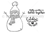 Line art of the Warmth of Snow Days stamp set: a sketchy round snowman in a pom-pom hat and striped scarf with twig arms, beside sentiments reading Chilly weather is better together and Celebrate the warmth of snow days.