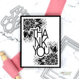 Handmade card featuring a layered scalloped and stitched rectangle die-cut frame.