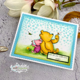 Handmade card featuring a layered scalloped and stitched rectangle die-cut frame.
