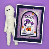 Handmade card featuring a layered scalloped and stitched rectangle die-cut frame.