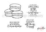Red rubber stamp sheet with three stacked macarons drawn in soft line art, beside sentiments reading 'Life is sweeter with friends, & macarons' and 'Here's to a day filled with all things happy'.