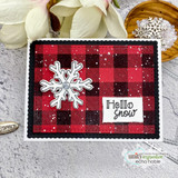 Red buffalo-plaid card with a white snowflake and the sentiment 'Hello snow.'