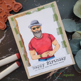 Buffalo-plaid-bordered birthday card with a bearded man in sunglasses and 'Happy Birthday.'