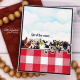 Farm-animal card — pigs and cows peeking over a red buffalo-check panel with 'Herd the news....'