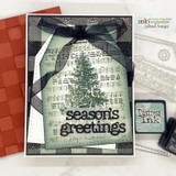 Vintage tag card over buffalo check with a stamped evergreen tree and 'Season's greetings.'