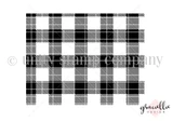 Red rubber background stamp of bold buffalo check plaid, solid black squares alternating with finely cross-hatched squares across a full card panel.