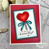 A red heart lollipop with a teal bow on a bold red card, reading 'You're the Sweetest.'